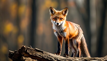 Wall Mural - Young red fox perched gracefully on a fallen tree in a serene woodland setting.