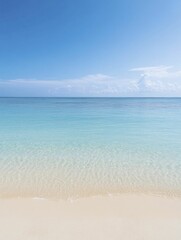 Sticker - Tranquil Beach Scene with Crystal Clear Water and Soft Sandy Shore Under Bright Blue Sky, Inviting Relaxation and Serenity in a Natural Coastal Setting