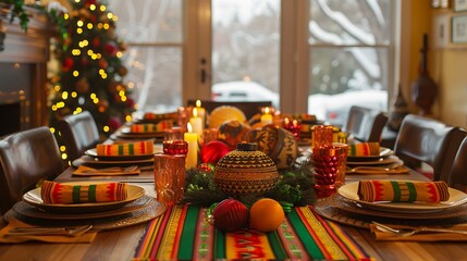 Canvas Print - a beautifully set Kwanzaa table with traditional symbols and festive decorations