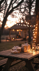 Wall Mural - Festive Outdoor Gift Exchange with Friends Under String Lights