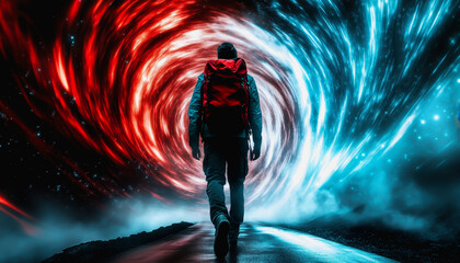 Lone traveler in a vortex of red and blue light on a futuristic journey