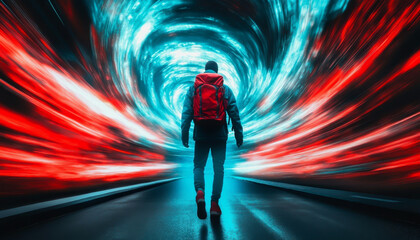 Wall Mural - Lone traveler in a vortex of red and blue light on a futuristic journey