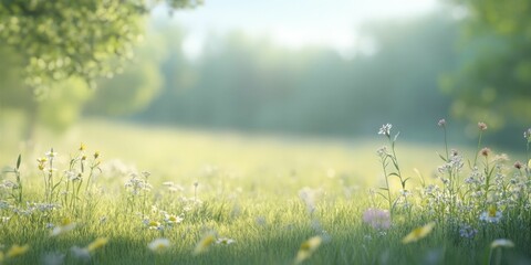 Wall Mural - Vibrant Wildflower Field Under Clear Blue Sky, Showcasing Natures Beauty with a Colorful Display of Blossoms in a Peaceful Rural Landscape