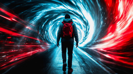 Wall Mural - Lone traveler in a vortex of red and blue light on a futuristic journey