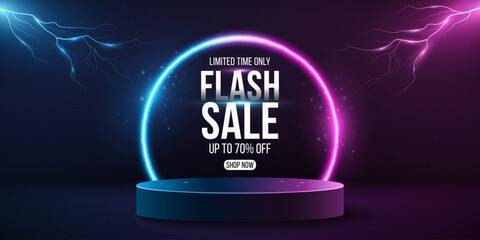 3d stage with thunderstorm background for flash sale. Glowing podium with lightning effect and neon frame. Pedestal to display your brand product. Vector illustration. EPS 10.