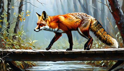 Wall Mural - Red fox navigating a wooden bridge in a serene forest setting