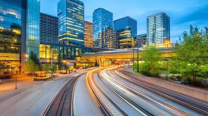 A vibrant cityscape showcasing modern skyscrapers and dynamic light trails at dusk, reflecting urban life and energy.