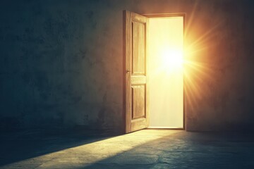 Open wooden door with sunlight streaming into a dark empty room