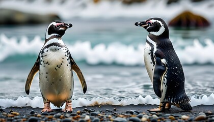 Wall Mural - Magellanic penguins embracing the coastal scenery