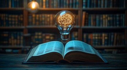 Wall Mural - A glowing light bulb with a brain inside levitates above an open book in a library.