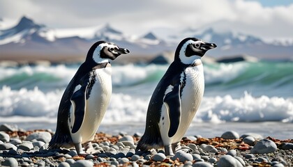 Wall Mural - Magellanic penguins embracing the coastal scenery