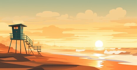 Illustrated Californian Beach Sunset with Lifeguard Tower and Ocean View
