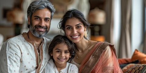 A happy family of three dressed in traditional Indian clothes, sitting together and smiling, representing love, culture, and togetherness, ideal for family or cultural concepts.