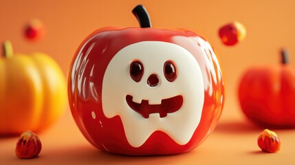 A playful candy apple cartoon with a ghostly face and Halloween decorations, isolated on a white background.