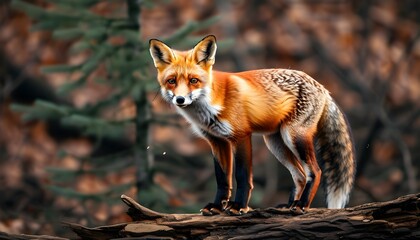 Wall Mural - Young red fox perched gracefully on a fallen tree in a serene woodland setting.