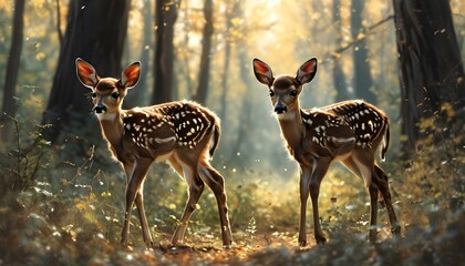 Wall Mural - Serene woodland scene with pair of Fallow deer gracefully strolling through the forest