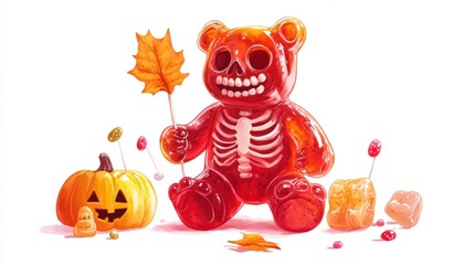 a spooky gummy bear cartoon with a skeleton costume and candy decorations, isolated on a white backg