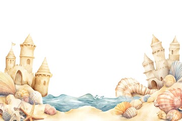 Sticker - Watercolor Illustration of Sandcastles and Seashells on a Beach