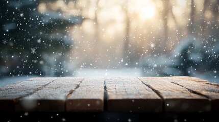 close-up shot of a round wooden table covered in gently falling snowflakes during winter, showcasing the texture of wood in an outdoor setting, perfect for capturing cozy winter moments