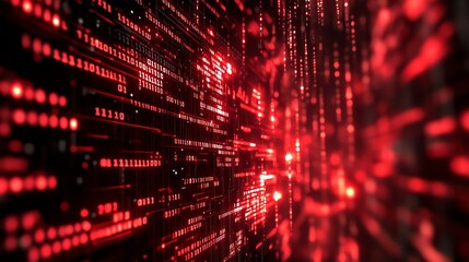 Abstract red digital binary code with light streaks and blur.