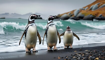 Wall Mural - Magellanic penguins embracing the coastal scenery