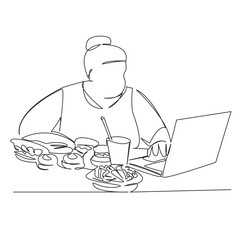 Canvas Print - One continuous single drawing line art flat doodle fat woman sitting at laptop surrounded by large amount of food, gluttony, calories. Isolated image hand draw contour on a white background