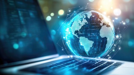 Wall Mural - digital world concept with globe and laptop in focus