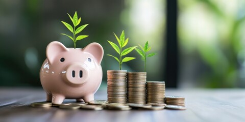 Business finance, saving, and investment concepts. Coins stacked in a growing graph next to a piggy bank, with a plant sprouting from the coins symbolizing balanced savin