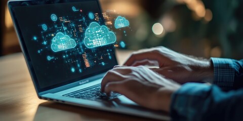 Fototapete - A man uses a laptop while a cloud computing diagram appears above his hand, illustrating cloud technology, data storage, networking, and internet services.