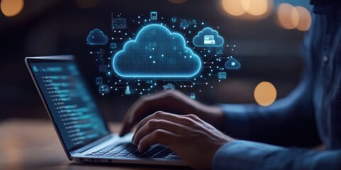 Fototapete - A man uses a laptop while a cloud computing diagram appears above his hand, illustrating cloud technology, data storage, networking, and internet services.