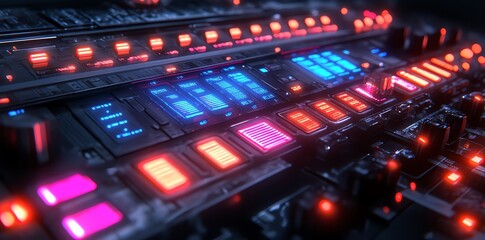 Close-up of a futuristic control panel with glowing buttons and a digital display.