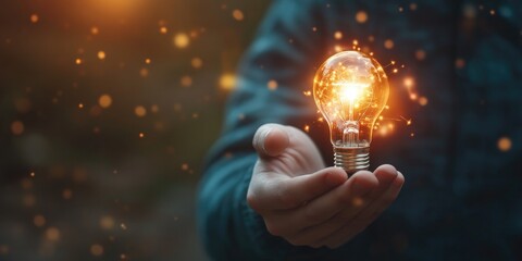 Fototapete - A man holds a glowing light bulb, representing the spark of creativity, innovation, and inspirational ideas for sustainable business practices and future development.