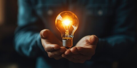 Fototapete - A man holds a glowing light bulb, representing the spark of creativity, innovation, and inspirational ideas for sustainable business practices and future development.