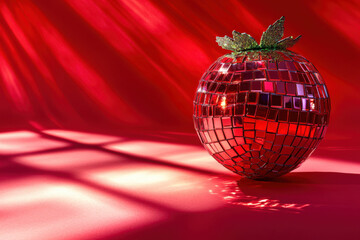 Sparkling disco ball shaped like a fruit standing on red background with light rays creating a festive atmosphere