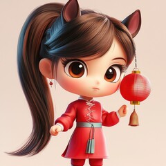 Wall Mural - Cute Cartoon Girl in Red Dress with Chinese Lantern