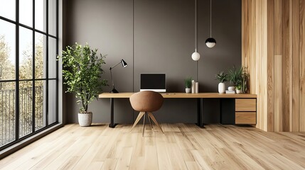 Modern home office with wooden decor, plant, and sleek furniture designed for productivity and comfort.