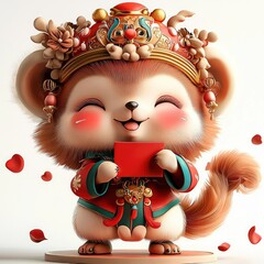 Wall Mural - Cute Cartoon Monkey in Traditional Chinese Costume Holding a Red Envelope