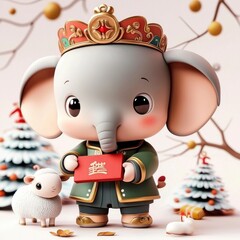 Canvas Print - Cute Elephant Holding Red Envelope with Chinese Calligraphy