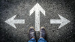 © janya - Confusing directional arrows on asphalt ground with feet and shoes , arrows, asphalt, ground, feet, shoes, confusion