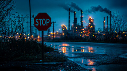 Stop Sign as Symbol to Halt Environmental Pollution in Industrial Night Scene - Factory Lights and Smokestacks Emitting Smoke, Reflecting the Need for Environmental Awareness