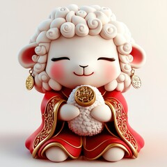 Wall Mural - Cute Cartoon Sheep in Traditional Chinese Clothing Holding a Golden Coin