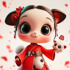 Sticker - Cute Cartoon Animal Girl in Red Dress with Big Eyes