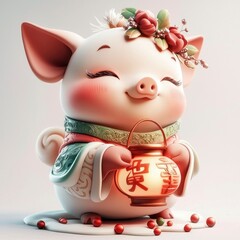 Wall Mural - Cute Cartoon Pig Holding a Lantern with Chinese Characters