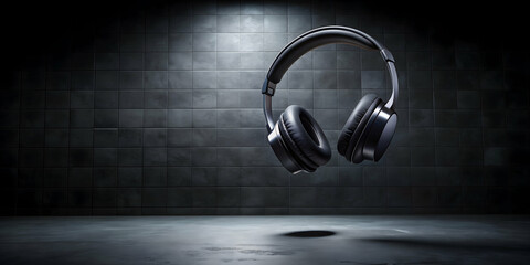 Black headset floating in the air on sleek black stone floor against a black wall background, technology, audio, music