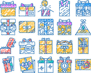 gift box birthday ribbon doodle icons set vector. sketch line art package surprise, holiday bow, christmas happy, celebration object, anniversary gift box birthday ribbon color illustrations