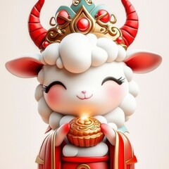 Wall Mural - Cute Cartoon Sheep with Crown and Mooncake