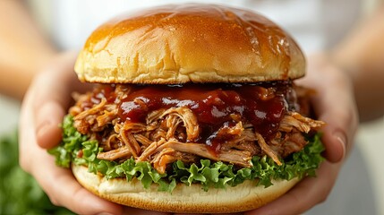 Wall Mural - Close-up of a Pulled Pork Sandwich with Lettuce and Barbecue Sauce