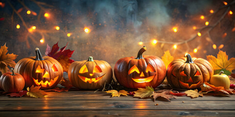 Wall Mural - Spooky Halloween Jack-o'-Lantern Lane decorations with autumn leaves , Halloween, Jack-o'-lantern, Lane, Autumn