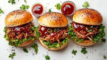 Sticker - Three Pulled Pork Sandwiches with Barbecue Sauce and Lettuce on White Background