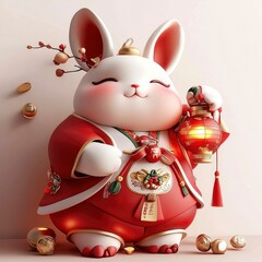 Wall Mural - Cute Rabbit Figurine in Traditional Chinese Clothing Holding a Lantern